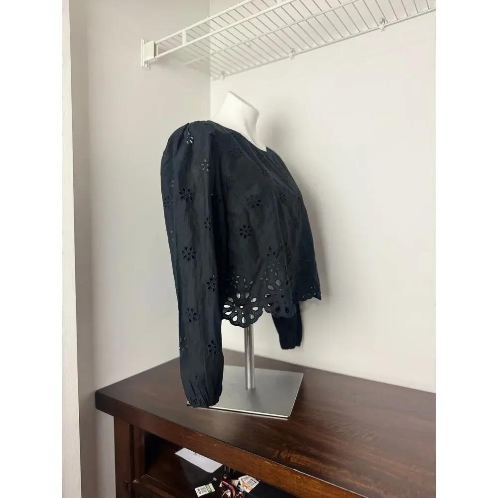 American Eagle Black Long Sleeve High Neck Crop with Floral Pattern Cutouts - Picture 3 of 6